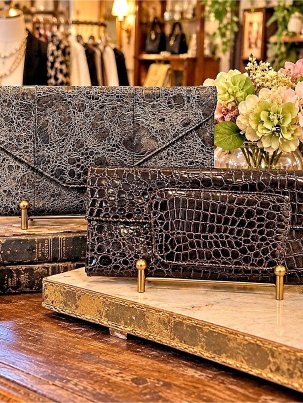 Bundle of Two Crocodile-Embossed Clutches in Black/Gray & Dark Brown